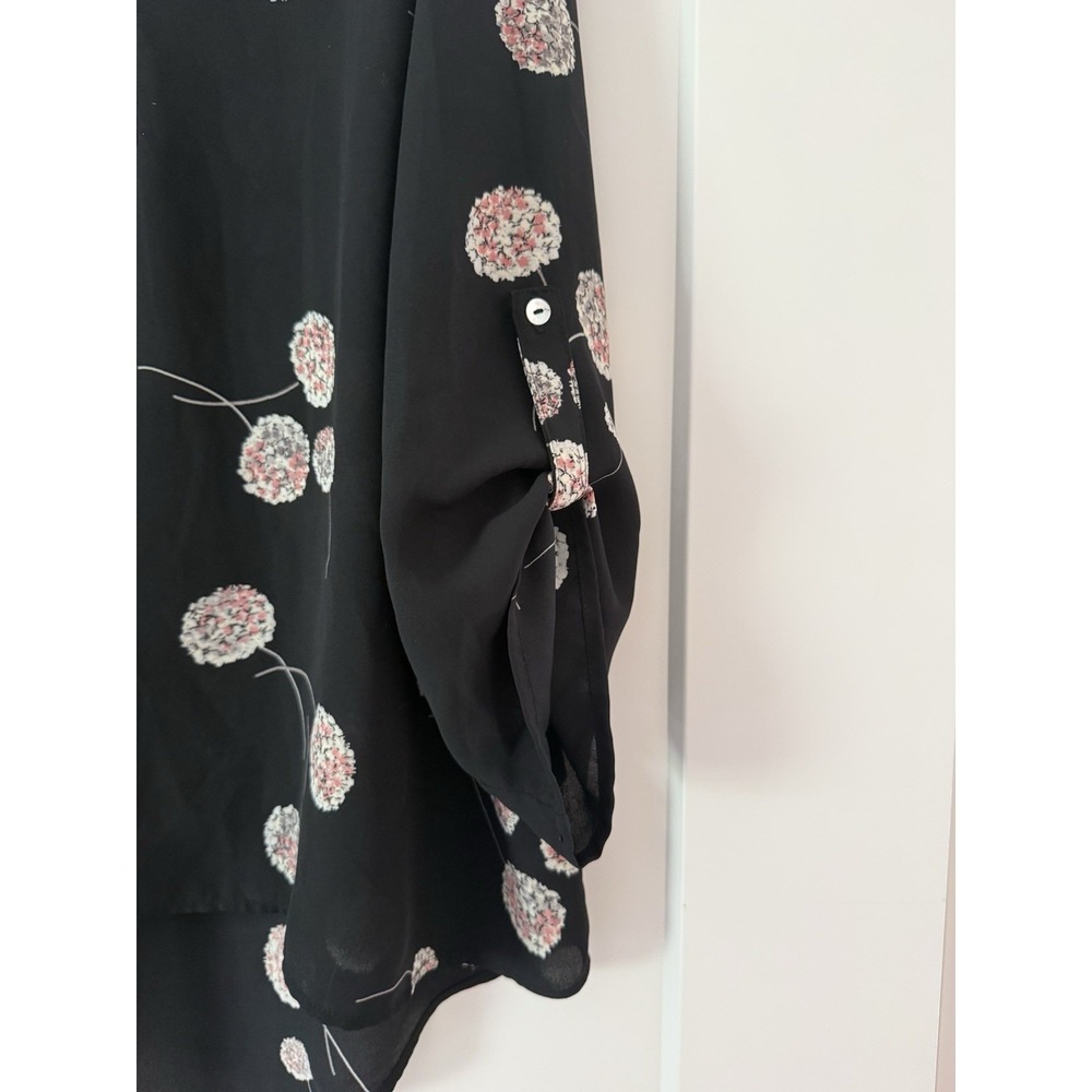 Daniel Rainn Women's XL Black/Pink Floral Chiffon V-Neck Roll Tab Blouse - Picture 2 of 7